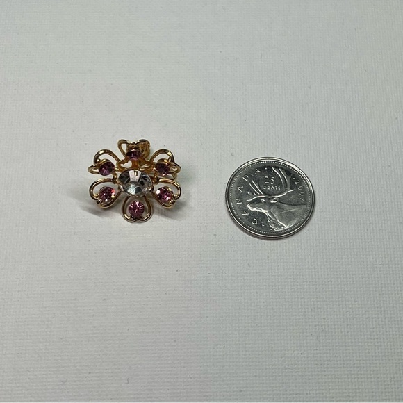 VINTAGE Gold Tone Flower Shaped Screwback Earrings w/ Pink and Clear Rhinestones - Picture 9 of 9